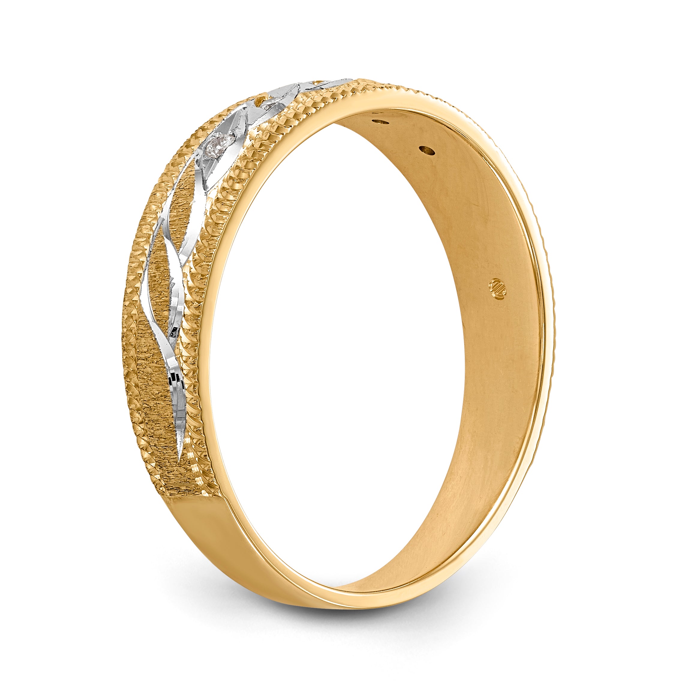 14K Yellow Gold And Rhodium Aa Quality 1/20 Carat Diamond Trio Mens Complete Wedding Band