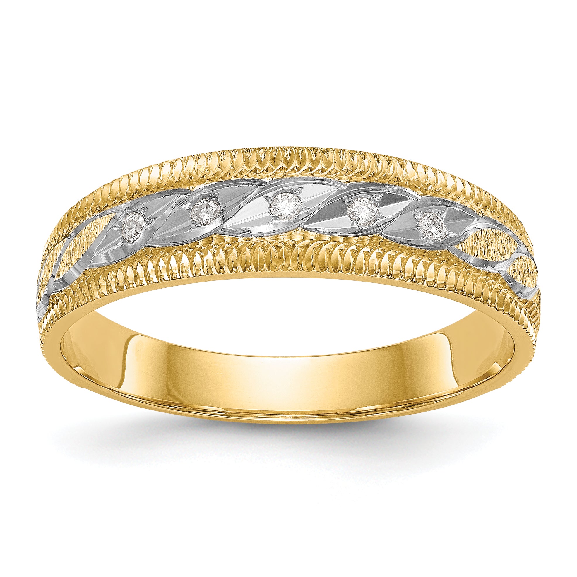 14K Yellow Gold And Rhodium Aa Quality 1/20 Carat Diamond Trio Mens Complete Wedding Band