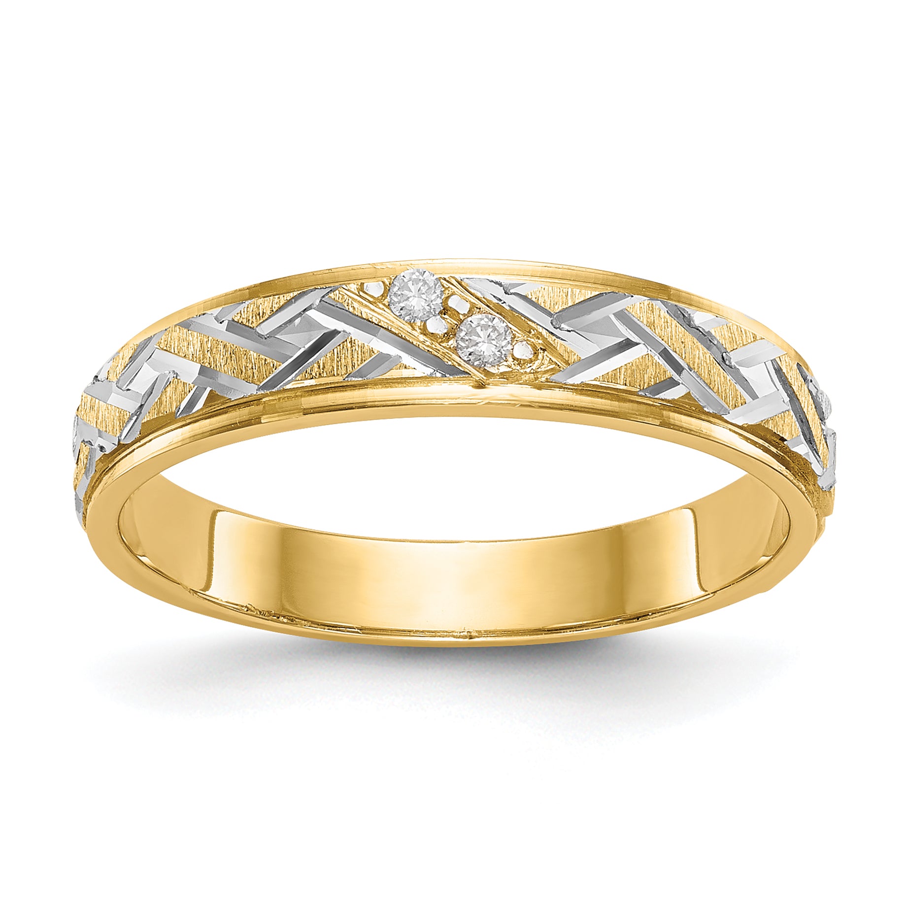 14K Yellow Gold And Rhodium Aa Quality .02 Carat Diamond Trio Ladies Complete Wedding Band