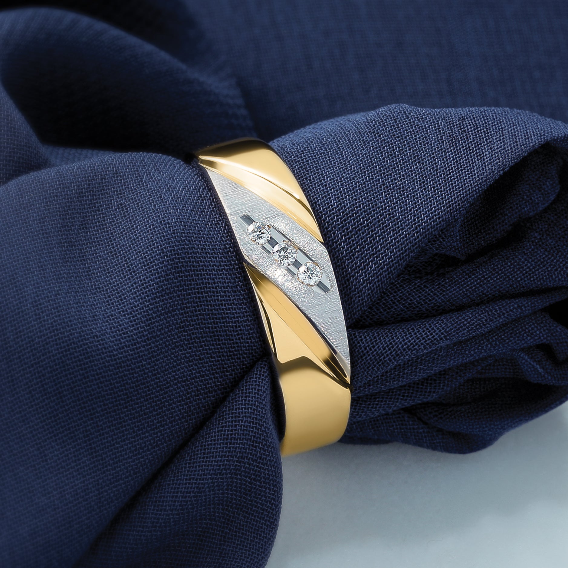 14K Yellow & Rhodium And Aa Quality 1/20 Carat Diamond Trio Mens Complete Wedding Band