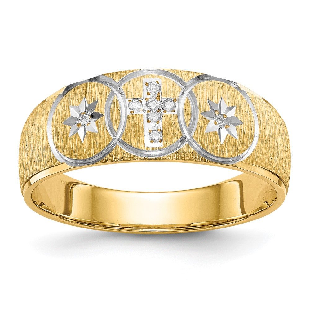 14K Yellow Gold And Rhodium Aa Quality .03 Carat Diamond Trio Mens Complete Wedding Band With Cross