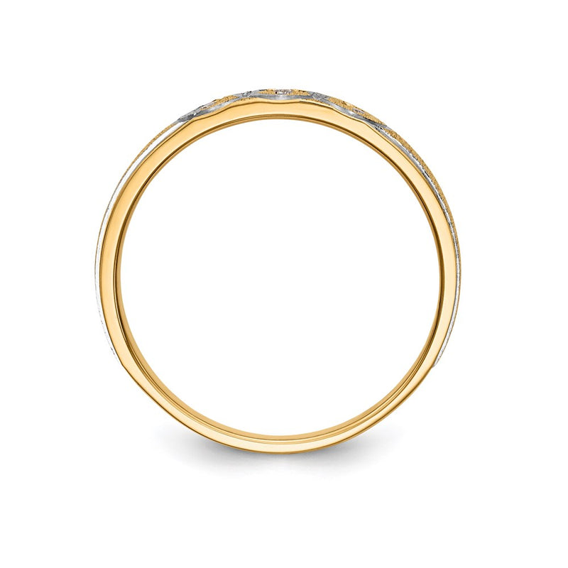 14K Yellow Gold And Rhodium Aa Quality .03 Carat Diamond Trio Ladies Complete Wedding Band With Cross