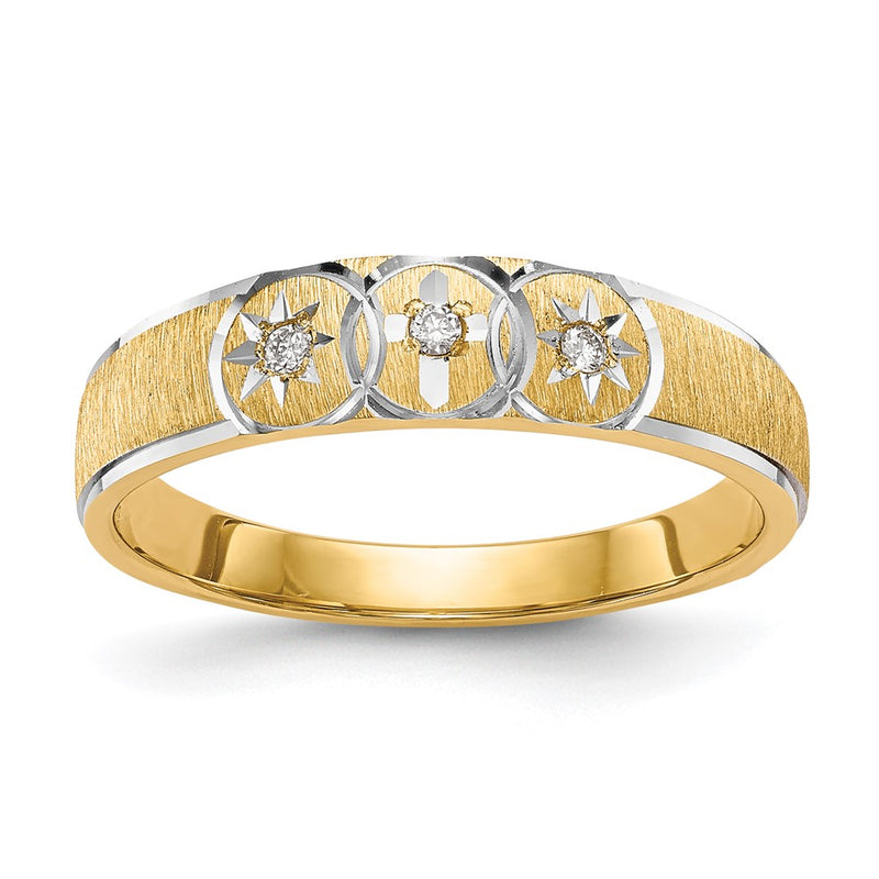 14K Yellow Gold And Rhodium Aa Quality .03 Carat Diamond Trio Ladies Complete Wedding Band With Cross