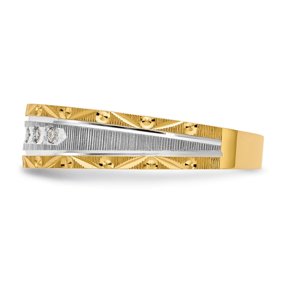 14K Yellow Gold And Rhodium Aa Quality 1/20 Carat Diamond Trio Mens Complete Wedding Band