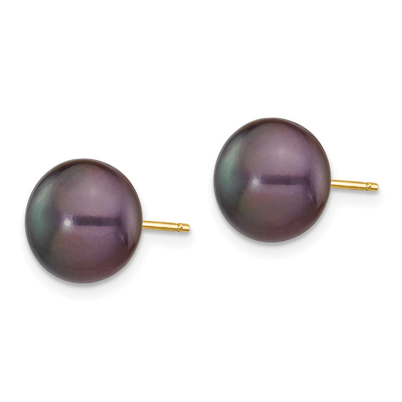 14K Yellow Gold 9-10mm Black Button Freshwater Cultured Pearl Stud Post Earrings