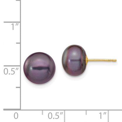 14K Yellow Gold 9-10mm Black Button Freshwater Cultured Pearl Stud Post Earrings
