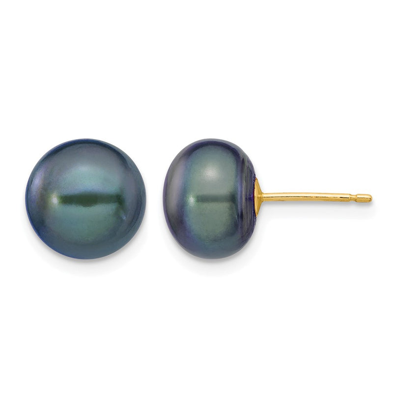 14K Yellow Gold 9-10mm Black Button Freshwater Cultured Pearl Stud Post Earrings