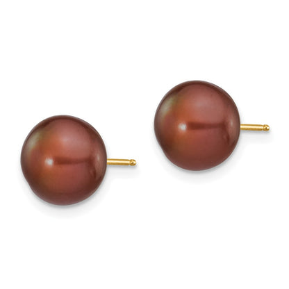 14K Yellow Gold 9-10mm Brown Button Freshwater Cultured Pearl Stud Post Earrings