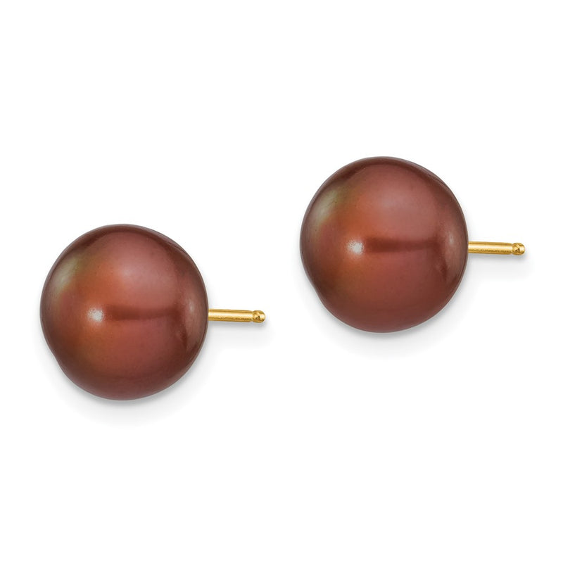 14K Yellow Gold 9-10mm Brown Button Freshwater Cultured Pearl Stud Post Earrings