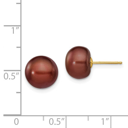 14K Yellow Gold 9-10mm Brown Button Freshwater Cultured Pearl Stud Post Earrings