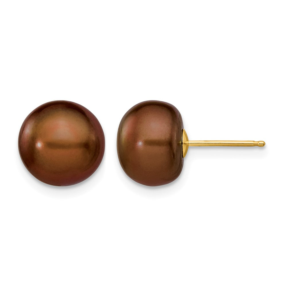 14K Yellow Gold 9-10mm Brown Button Freshwater Cultured Pearl Stud Post Earrings