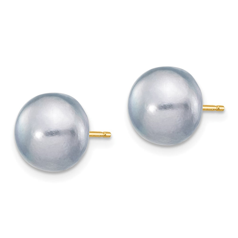 14K Yellow Gold 9-10mm Grey Button Freshwater Cultured Pearl Stud Post Earrings