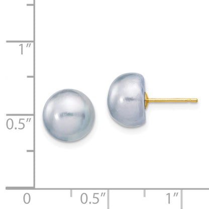 14K Yellow Gold 9-10mm Grey Button Freshwater Cultured Pearl Stud Post Earrings