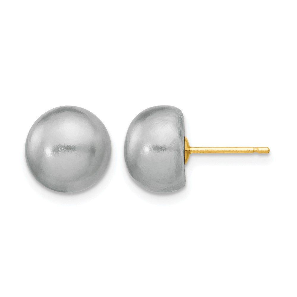 14K Yellow Gold 9-10mm Grey Button Freshwater Cultured Pearl Stud Post Earrings