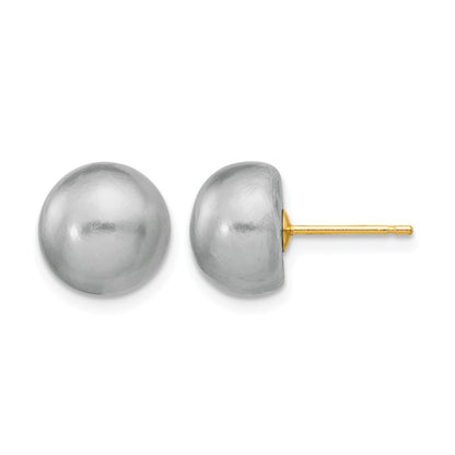 14K Yellow Gold 9-10mm Grey Button Freshwater Cultured Pearl Stud Post Earrings