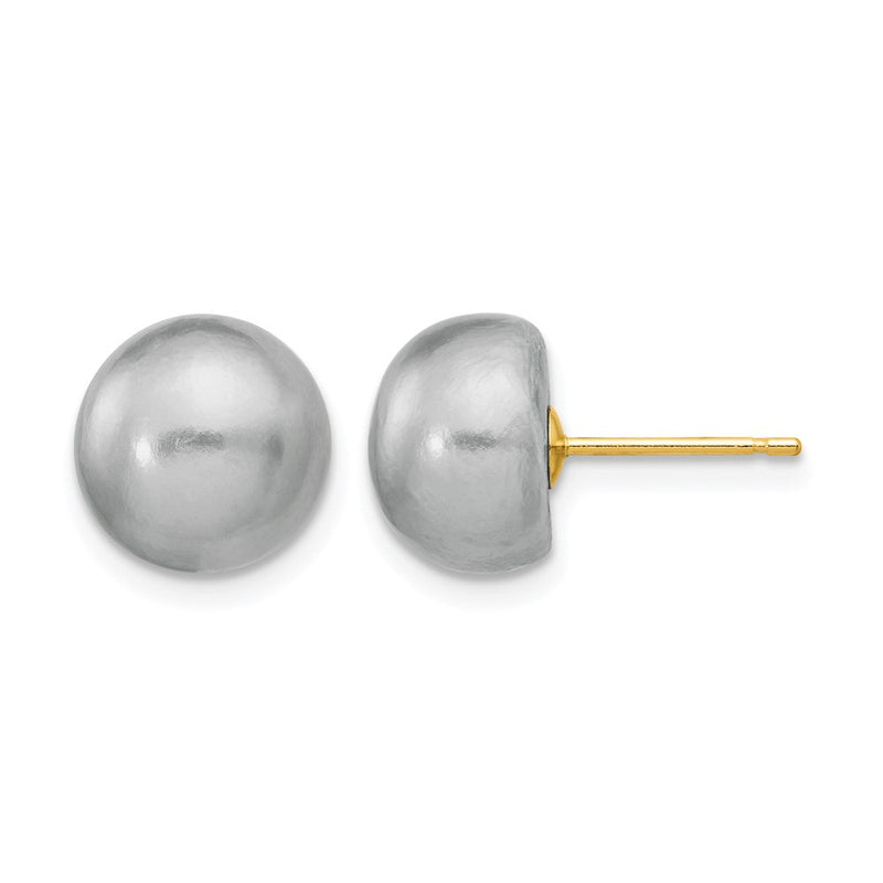 14K Yellow Gold 9-10mm Grey Button Freshwater Cultured Pearl Stud Post Earrings
