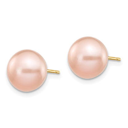 14K Yellow Gold 9-10mm Pink Button Freshwater Cultured Pearl Stud Post Earrings