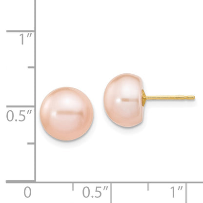 14K Yellow Gold 9-10mm Pink Button Freshwater Cultured Pearl Stud Post Earrings