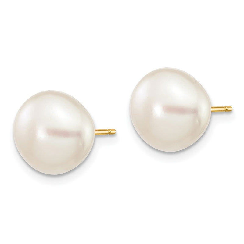 14K Yellow Gold 9 10mm White Button Freshwater Cultured Pearl Stud Post Earrings