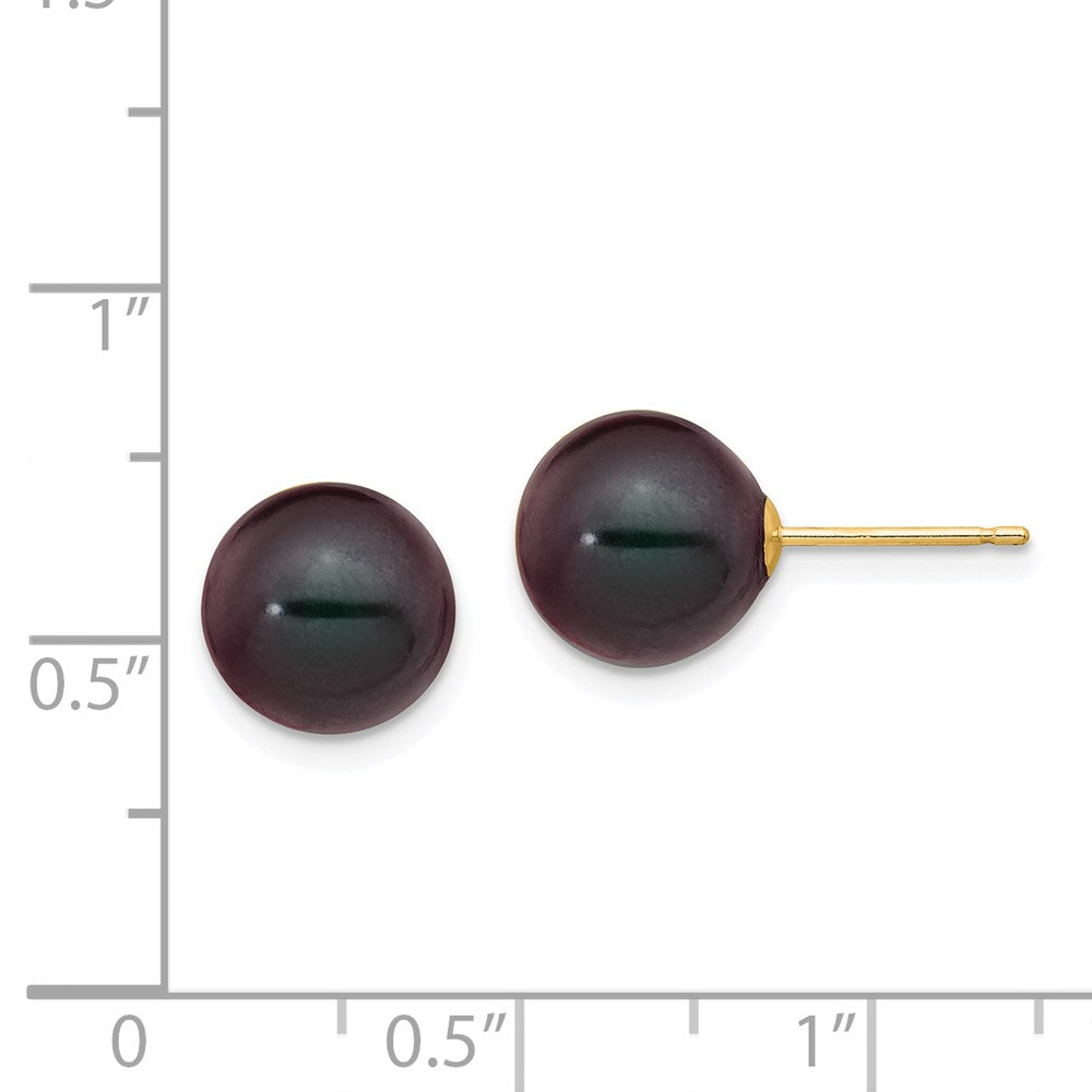 14K Yellow Gold 9 10mm Black Round Freshwater Cultured Pearl Stud Post Earrings