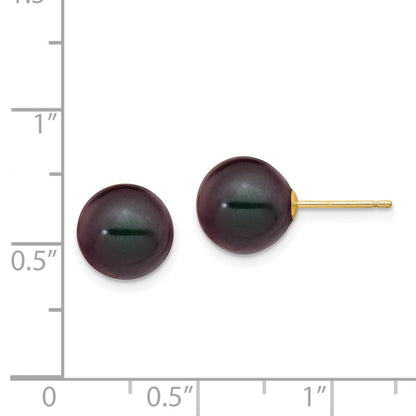 14K Yellow Gold 9 10mm Black Round Freshwater Cultured Pearl Stud Post Earrings