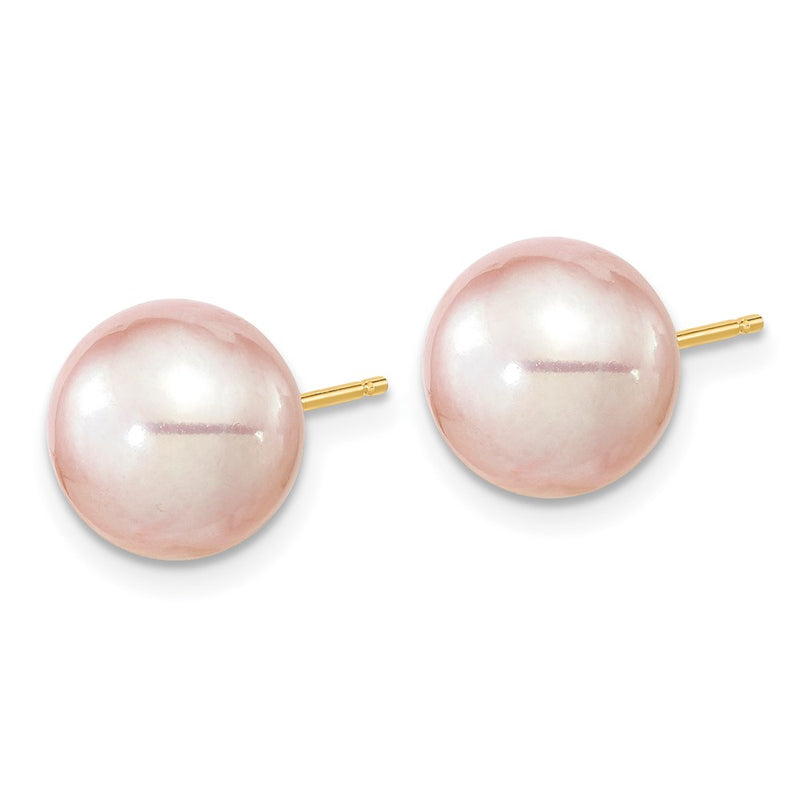 14K Yellow Gold 9 10mm Purple Round Freshwater Cultured Pearl Stud Post Earrings