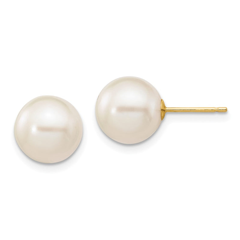 14K Yellow Gold 9 10mm White Round Freshwater Cultured Pearl Stud Post Earrings