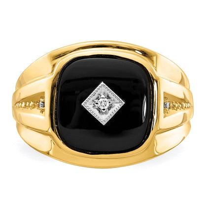 14K Yellow & Rhodium Aa Diamond Onyx Men'S Ring