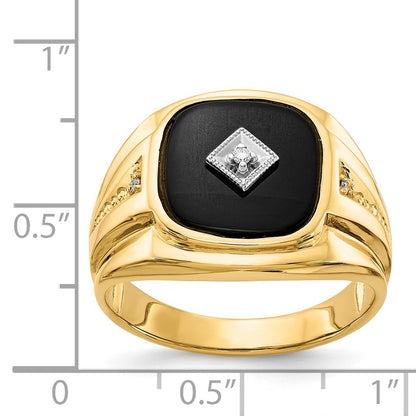 14K Yellow & Rhodium Aa Diamond Onyx Men'S Ring