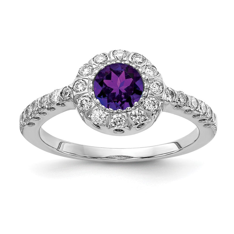 14K White Gold 5mm Amethyst Aa Diamond Ring
