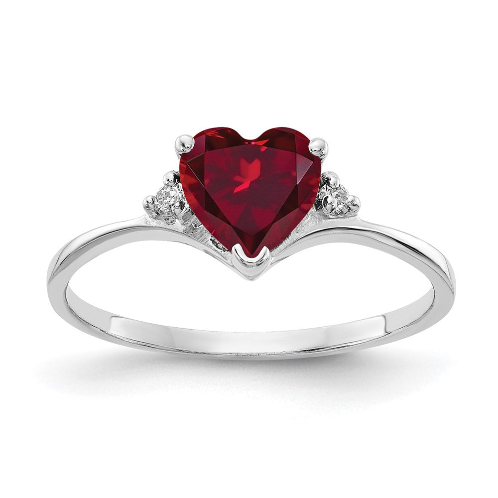 14K White Gold 6mm Heart Created Ruby A Diamond Ring