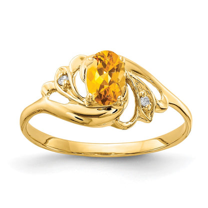 14K Yellow Gold 6X4mm Oval Citrine Aa Diamond Ring