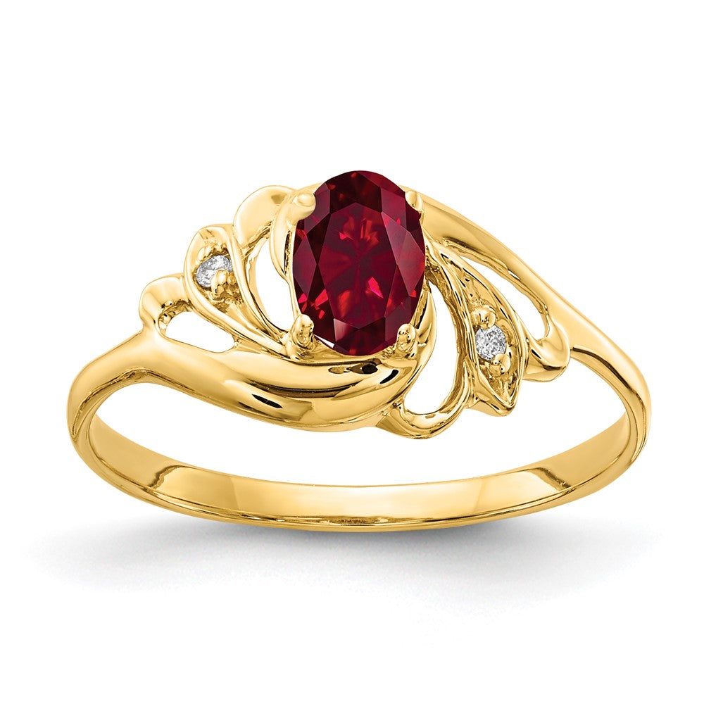 14K Yellow Gold 6X4mm Oval Created Ruby A Diamond Ring