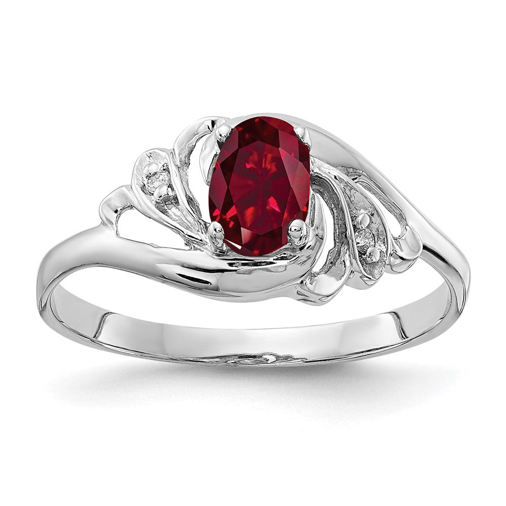14K White Gold 6X4mm Oval Created Ruby Aa Diamond Ring