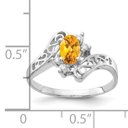 14K White Gold 6X4mm Oval Citrine Aa Diamond Ring