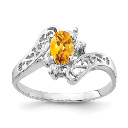 14K White Gold 6X4mm Oval Citrine Aa Diamond Ring