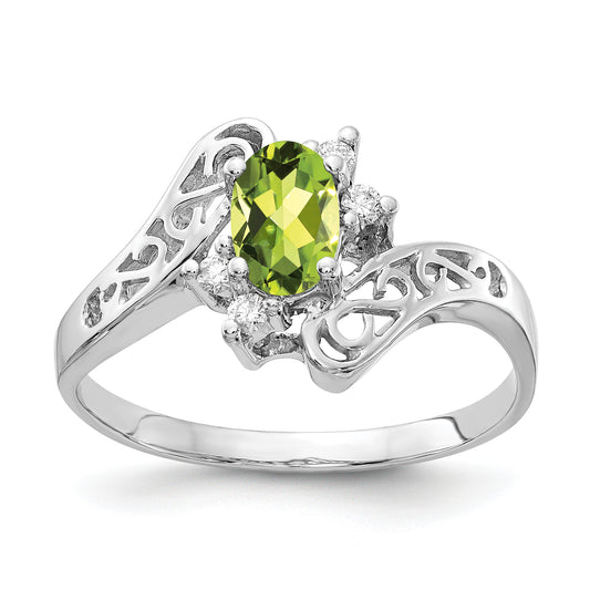 14K White Gold 6X4mm Oval Peridot Checker Aa Diamond Ring
