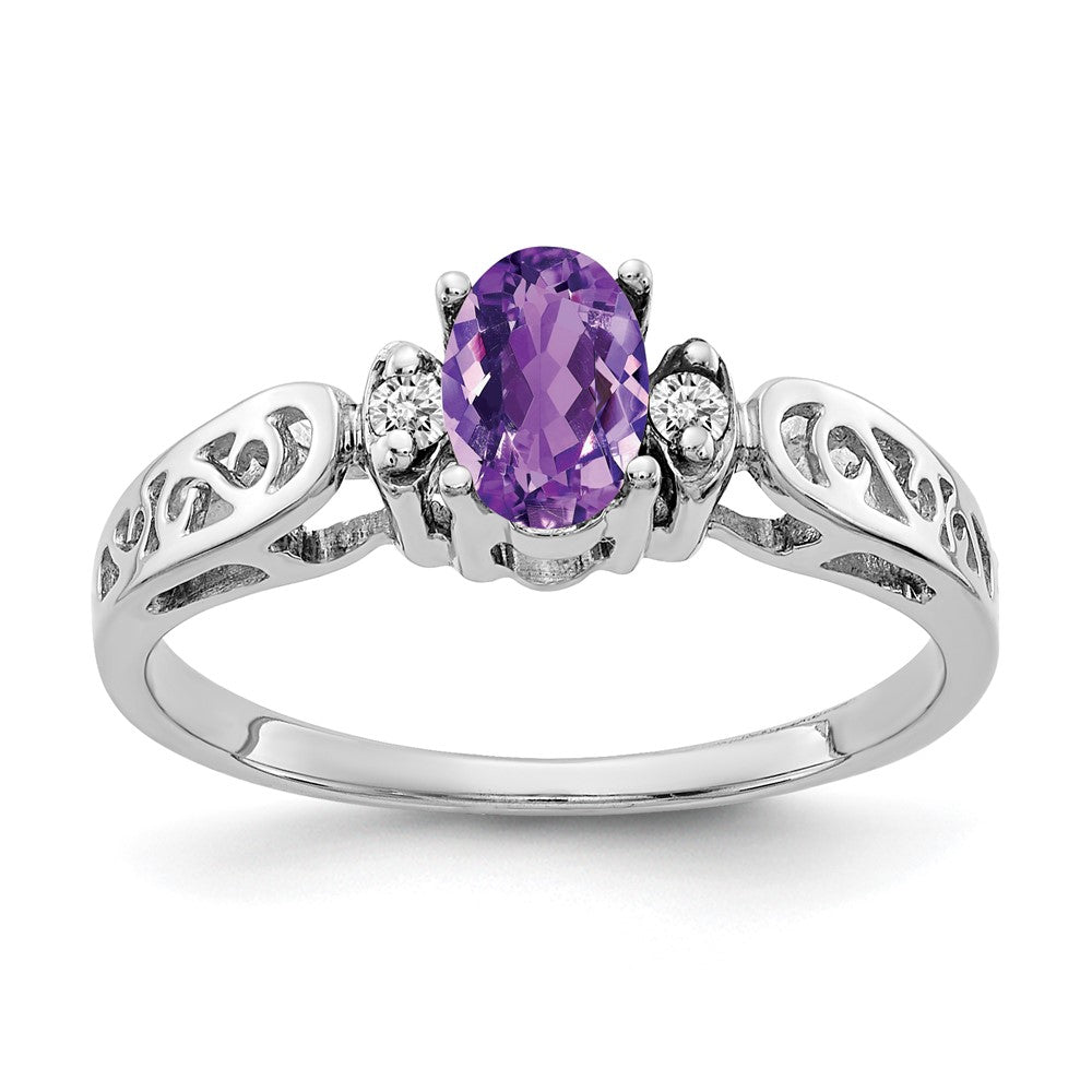 14K White Gold 6X4mm Oval Amethyst Checker A Diamond Ring