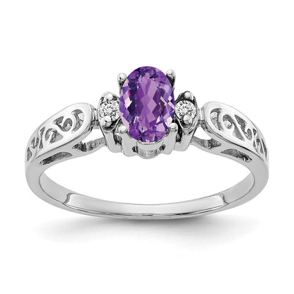 14K White Gold 6X4mm Oval Amethyst Checker A Diamond Ring