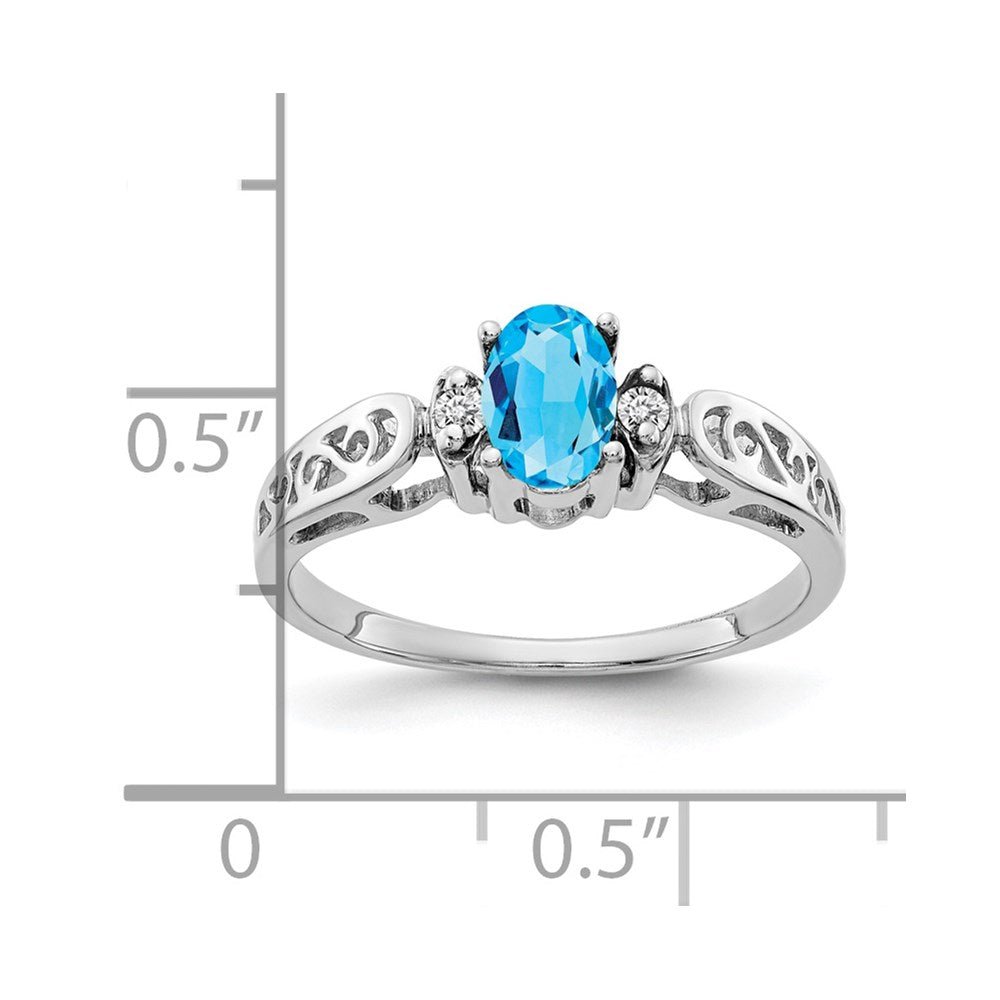 14K White Gold 6X4mm Oval Blue Topaz Checker A Diamond Ring