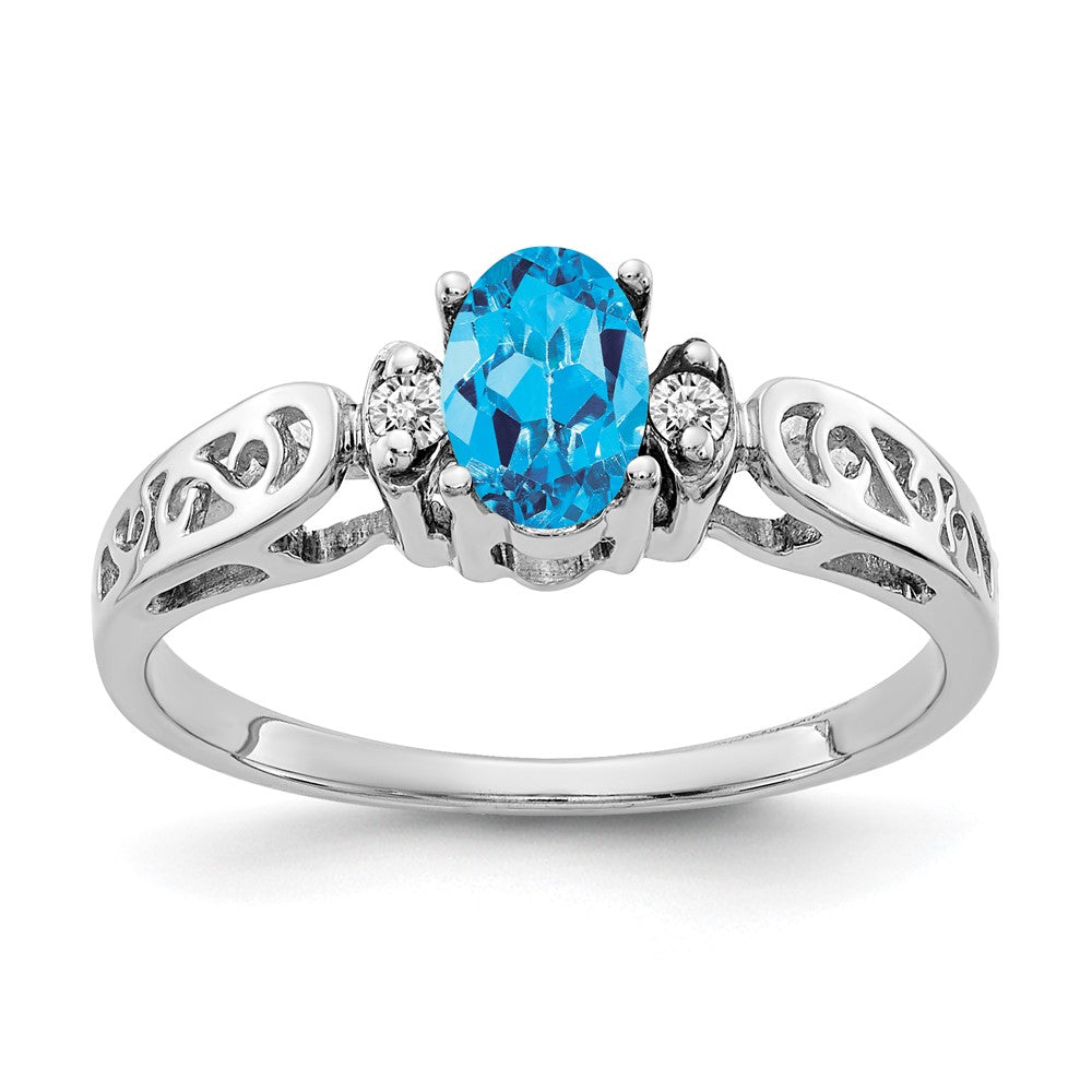 14K White Gold 6X4mm Oval Blue Topaz Checker A Diamond Ring