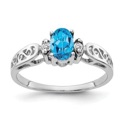 14K White Gold 6X4mm Oval Blue Topaz Checker A Diamond Ring