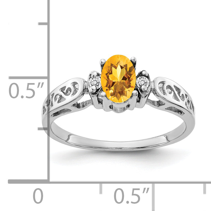 14K White Gold 6X4mm Oval Citrine Checker Aa Diamond Ring