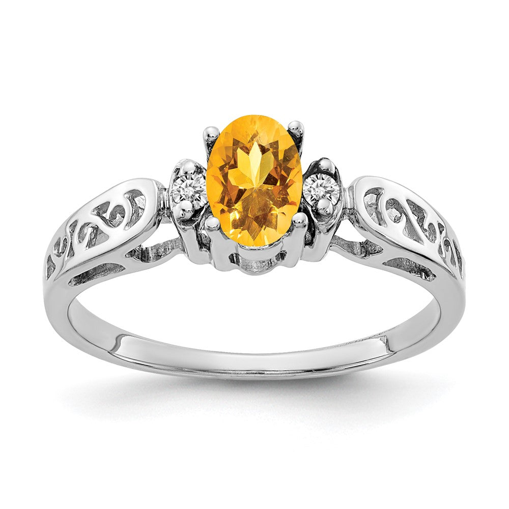14K White Gold 6X4mm Oval Citrine Checker A Diamond Ring
