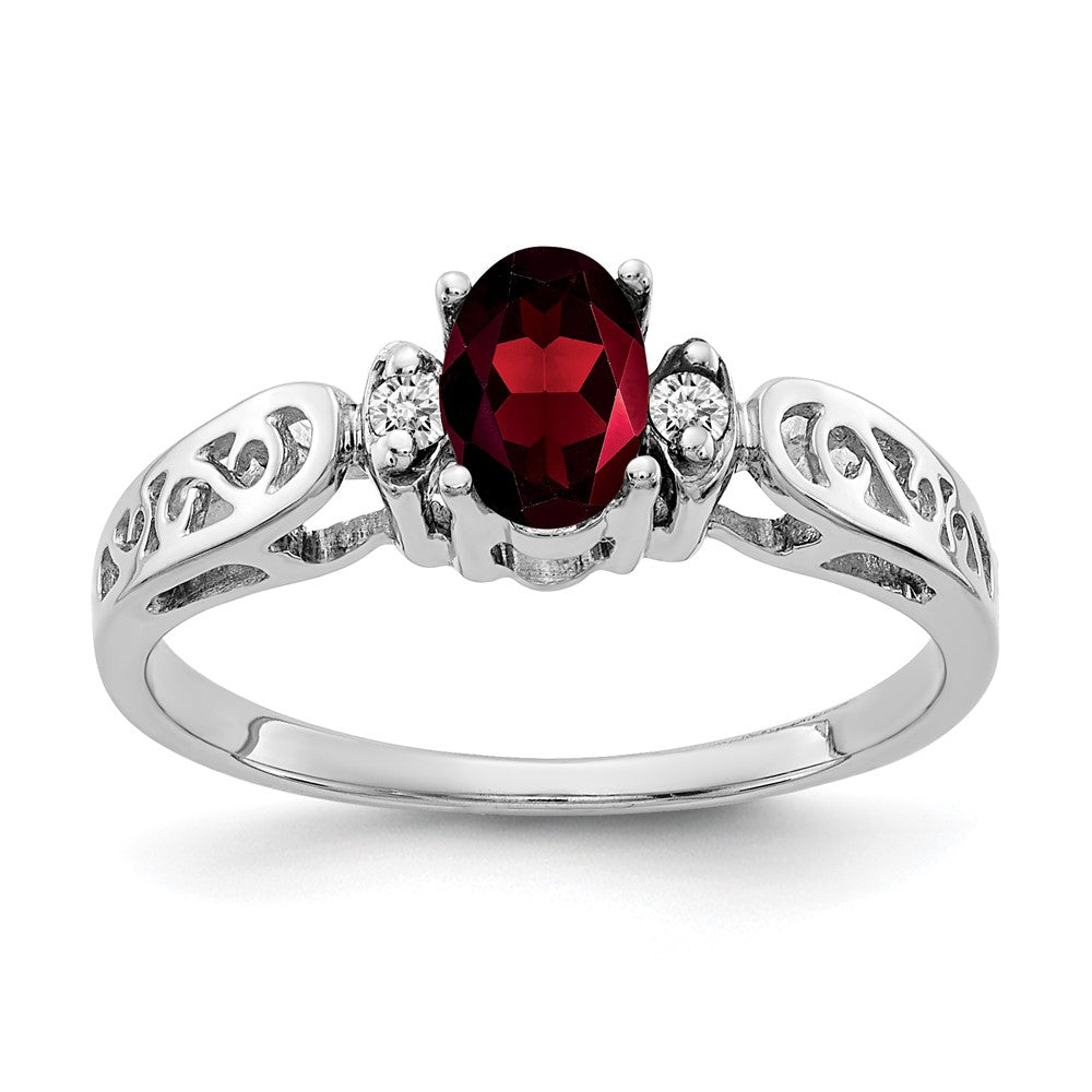 14K White Gold 6X4mm Oval Garnet Checker A Diamond Ring