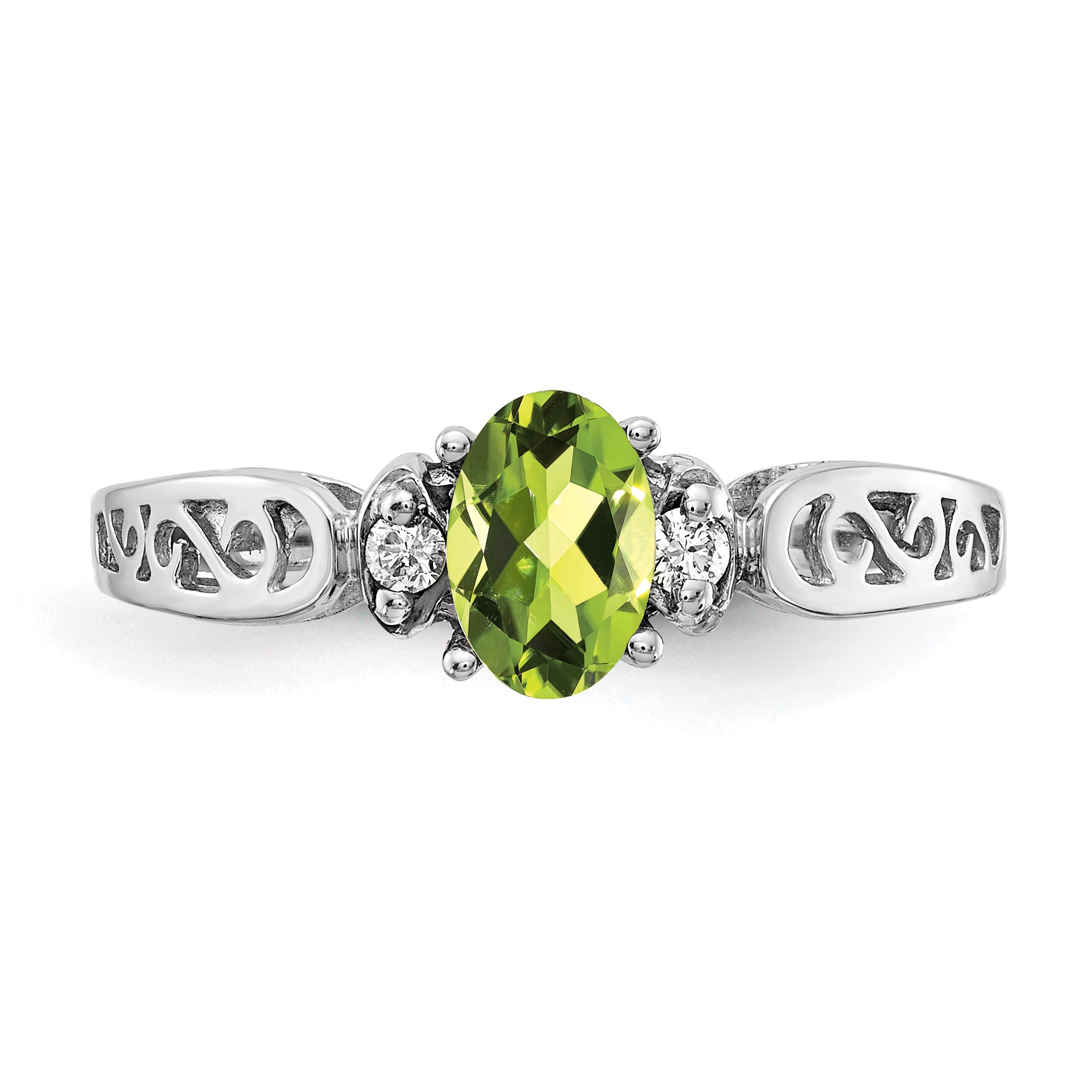 14K White Gold 6X4mm Oval Peridot Checker Aaa Diamond Ring