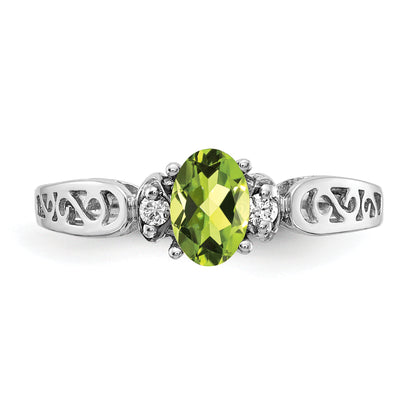 14K White Gold 6X4mm Oval Peridot Checker Aaa Diamond Ring