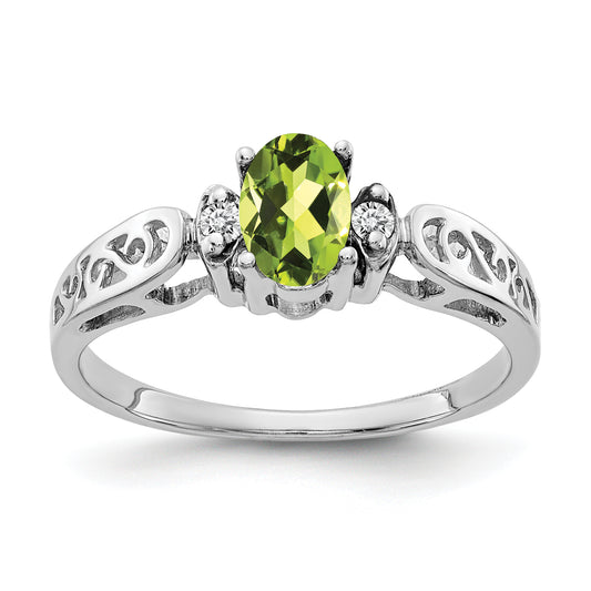 14K White Gold 6X4mm Oval Peridot Checker Vs Diamond Ring