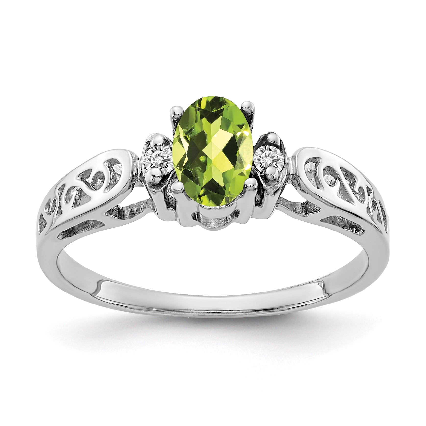 14K White Gold 6X4mm Oval Peridot Checker Aaa Diamond Ring