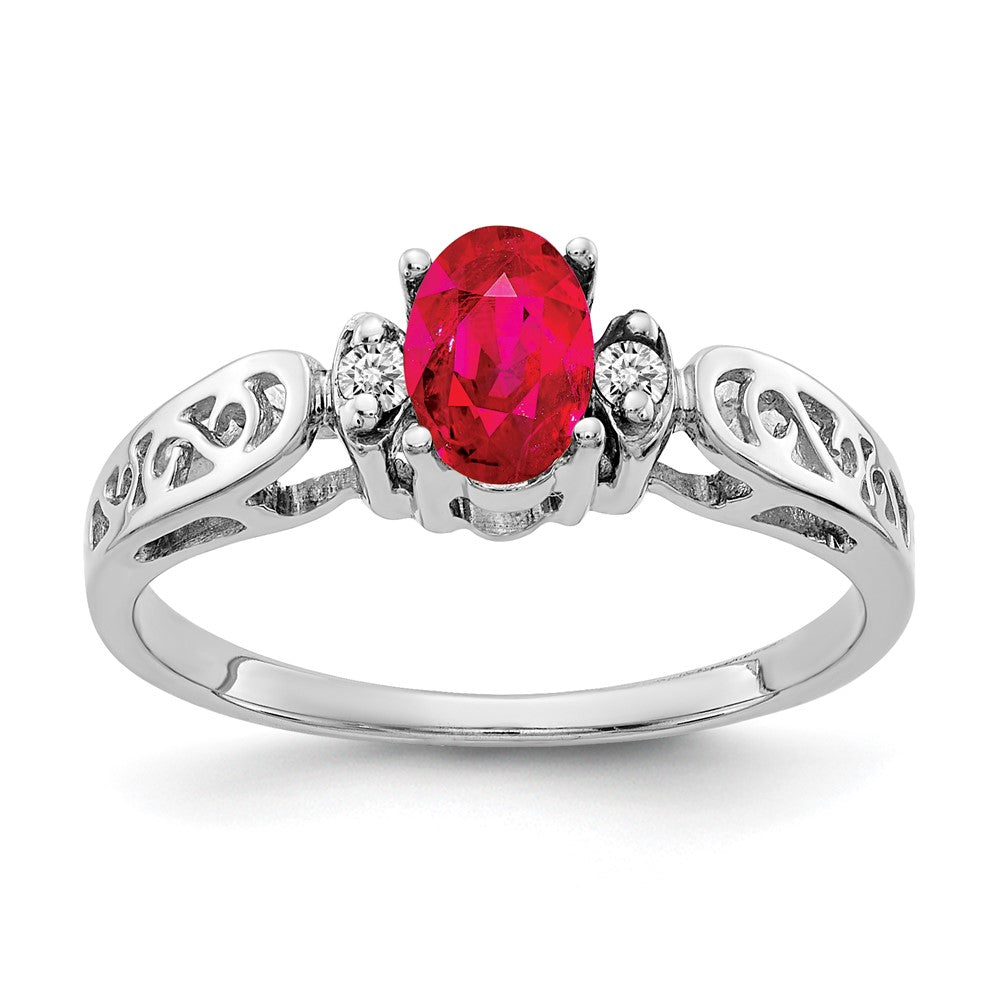 14K White Gold 6X4mm Oval Ruby Vs Diamond Ring